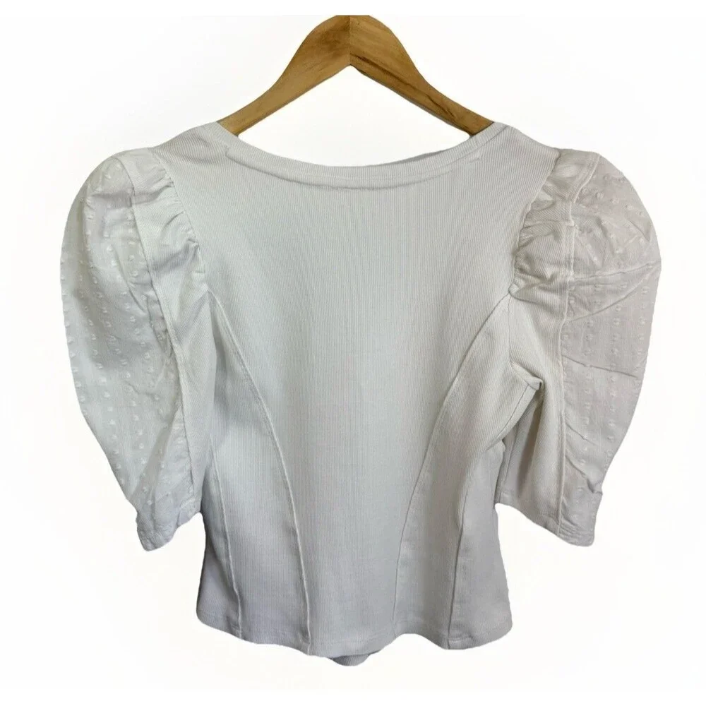 By Anthropologie Puff-Sleeve Structured V-Neck Tee Blouse T-Shirt Ribbed XS